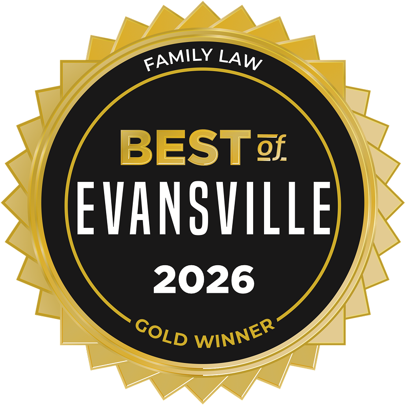 Gold-colored circular badge reading Family Law Best of Evansville 2026 Gold Winner.