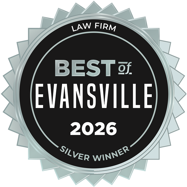 Badge reading Law Firm Best of Evansville 2026 Silver Winner.